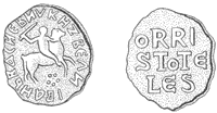 Серебряная монета Ивана III, датируемая 1475-1483 гг. Пятилепестковую "розу" под копытами коня большинство ученых считает своеобразной подписью Аристотеля Фьораванти, тогда как начертание имени на реверсе монеты не получило однозначного объяснения. — См. крупнее