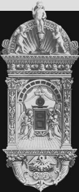 Типичный раннеренессансный декор, наряду с традиционными символами обыгрывающий мотив центральной перспективы. Мастерская Луки делла Роббиа, глазурованная керамика, 30-е годы XV в. — См. крупнее