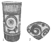 Два характерных примера мастерства гончаров на территории Ирана: высокий стакан (1) найден в районе Суз; чаша (2) — около Персеполя